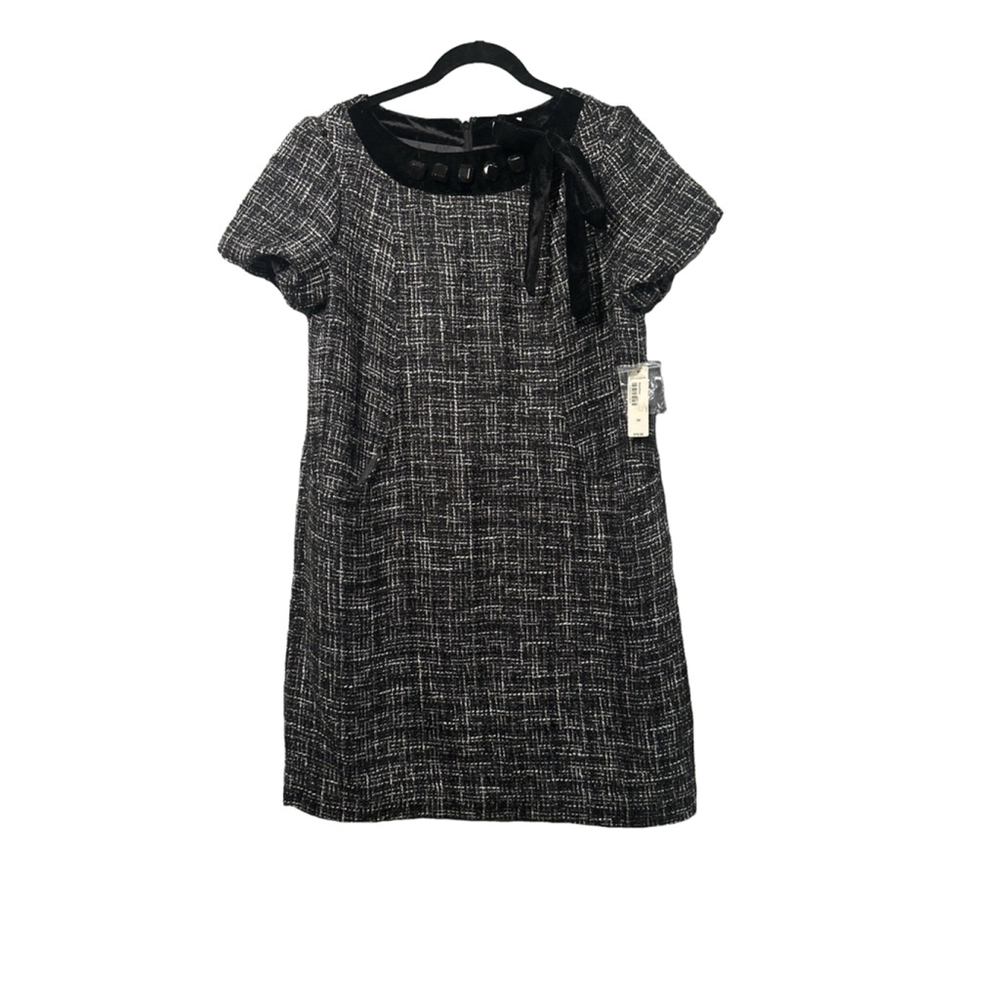 NWT WORTHINGTON Size 10 Black & White Tweed Dress with Velvet Bow